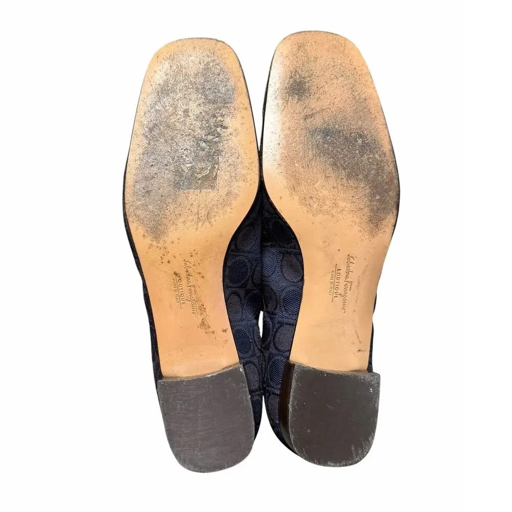 Vintage Salvatore Ferragamo Brown Navy Gancini Block Heel Loafer Womens Size 7.5